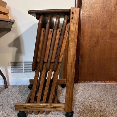 4 Vintage Solid Wood Folding Trays w. Storage Rack on Casters