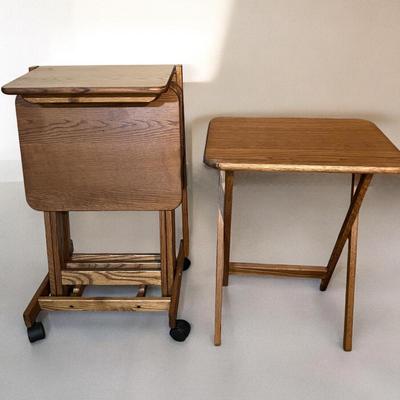 4 Vintage Solid Wood Folding Trays w. Storage Rack on Casters