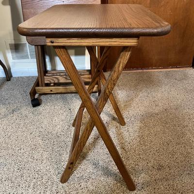 4 Vintage Solid Wood Folding Trays w. Storage Rack on Casters