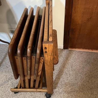 4 Vintage Solid Wood Folding Trays w. Storage Rack on Casters