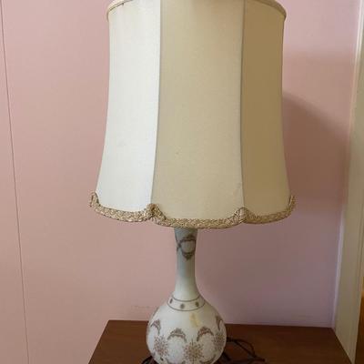 Antique Blown Glass Lamp Opaque White with bronze & gold painted design (1 of 2 this style)