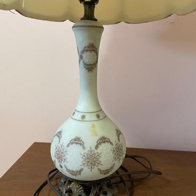 Antique Blown Glass Lamp Opaque White with bronze & gold painted design (1 of 2 this style)