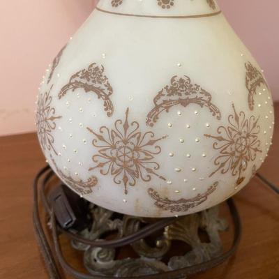 Antique Blown Glass Lamp Opaque White with bronze & gold painted design (1 of 2 this style)