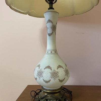Antique Blown Glass Lamp Opaque White with bronze & gold painted design (2 of 2 this style)