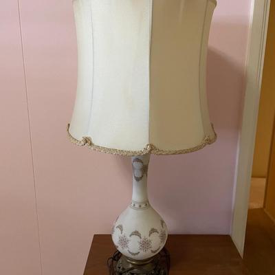 Antique Blown Glass Lamp Opaque White with bronze & gold painted design (2 of 2 this style)