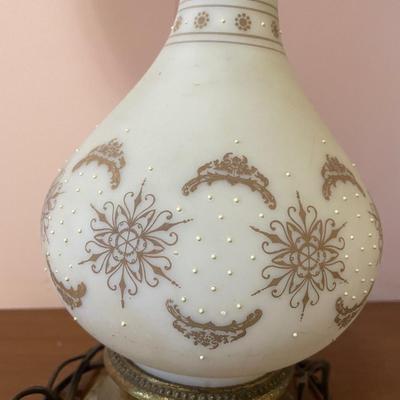 Antique Blown Glass Lamp Opaque White with bronze & gold painted design (2 of 2 this style)