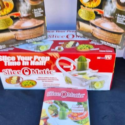 Slice-O-Matic food slicer and 2 Stone Wave Microwave Cooker Two Non-Stick Ceramic Stoneware Baking Pan