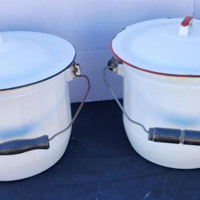 Two Enamel Chamber Pot with Lid Vintage
