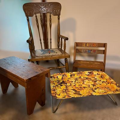 Vintage Kids Rocking Chair, Stool, Rustic Foot Stool, Tray