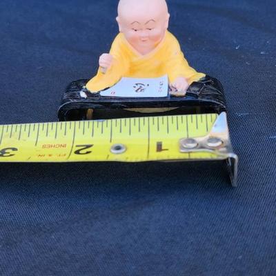 4 vtg MINIATURE ORIENTAL STATUES OF BUDDIST MONK CHILDren playing RESIN