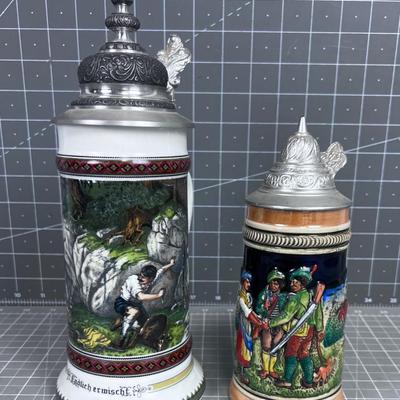 2 Vintage German Beer Steins with Lids