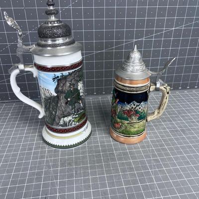 2 Vintage German Beer Steins with Lids