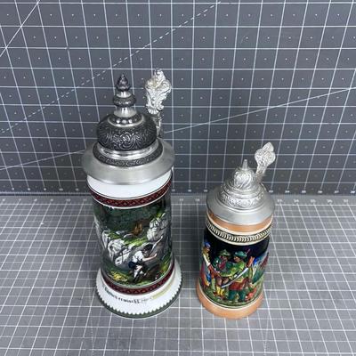 2 Vintage German Beer Steins with Lids