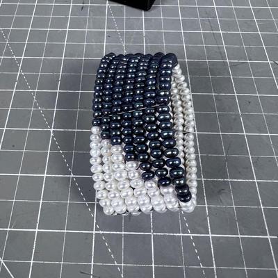 7 Strand Blue and White Pearl Bracelet 