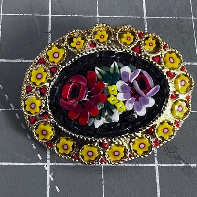 Yellow ish -Vintage Italian Glass Micro Mosaic Brooch