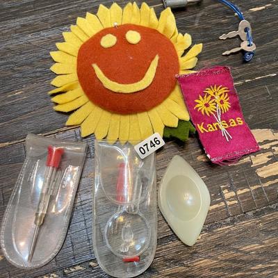 Eyeglass tool, sunflower pin cushion & padlock
