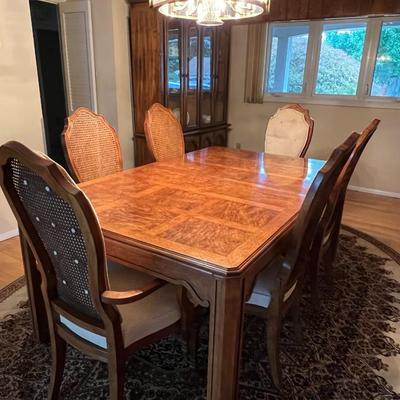 Dining Room Table w/ 6 Cane Back Chairs and 2 Leaves 30" x 44" x 72" (each leaf adds 22.5")