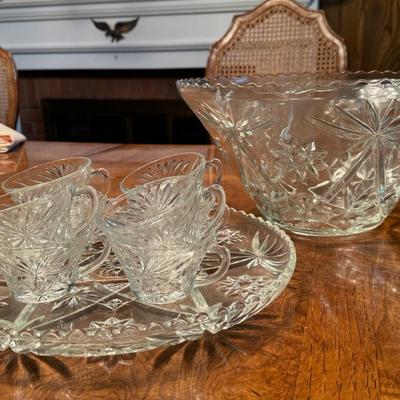Cut Glass Punch Bowl w/ Glasses and Serving Plate