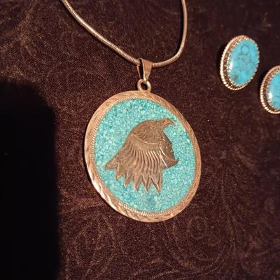 HECHO MEXICO STERLING MEDALLION ON A CHAIN AND TURQUOISE COLORED EARRINGS