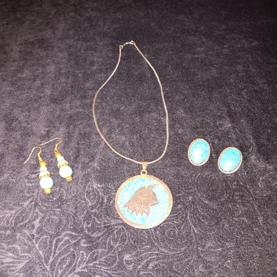 HECHO MEXICO STERLING MEDALLION ON A CHAIN AND TURQUOISE COLORED EARRINGS