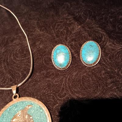 HECHO MEXICO STERLING MEDALLION ON A CHAIN AND TURQUOISE COLORED EARRINGS