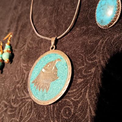 HECHO MEXICO STERLING MEDALLION ON A CHAIN AND TURQUOISE COLORED EARRINGS