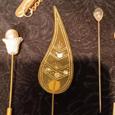 HAT PINS, FANCY PEN AND PENCIL IN A CASE AND STICK PINS