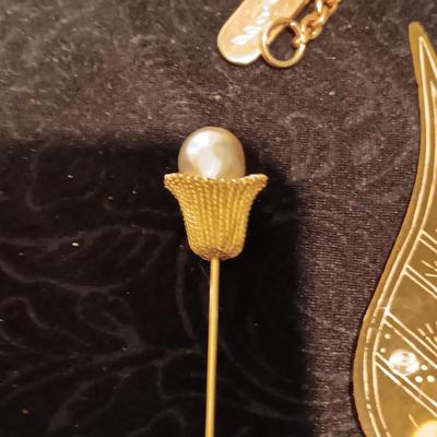 HAT PINS, FANCY PEN AND PENCIL IN A CASE AND STICK PINS