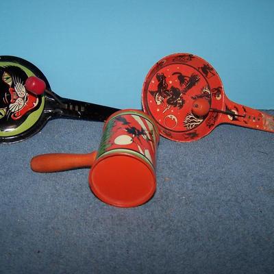 LOT 3 WONDERFUL VINTAGE TIN LITHO NOISE MAKERS