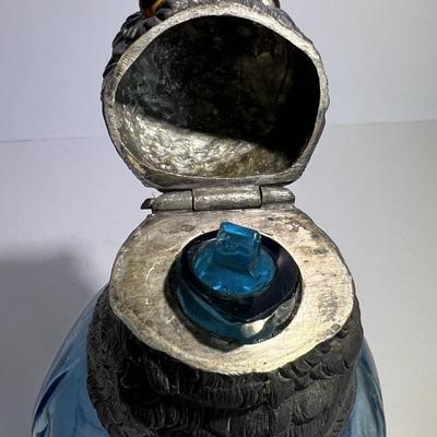 Antique Very Scarce Blue Glass Owl Decanter with Stopper 8" Tall in VG Preowned Condition.