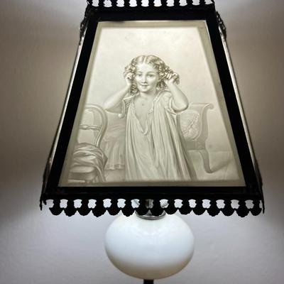 Antique Scarce Lithophane Slag Glass Desk Lamp c1870's in VG Preowned Condition as Pictured,