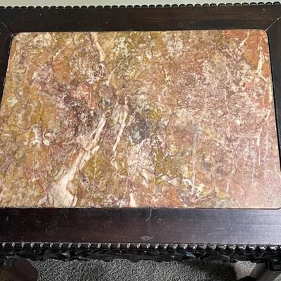 Chinese Hongmu Carved Side Table w/Agate/Marble Slab Top Qing Dynasty 19th Century 22" x 17" x 17.5" in Good Preowned...