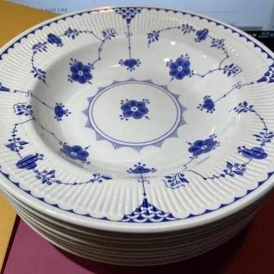 8-Mason's Ironstone Denmark Blue Flower Soup Bowls Made in England 9" Diameter in VG Condition.