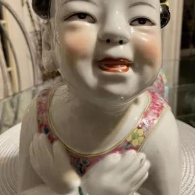 Vintage Earlier SIGNED BASE Chinese Famille Porcelain Baby Child/Girl Opium Pillow Art Statue Sculpture 14" Long as Pic'd....