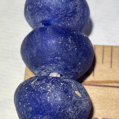 Vintage 29" African Krobo Recycled Glass Blue Donut Beads 1" Wide on a Leather Cord as Pictured. Very Heavy Beads.