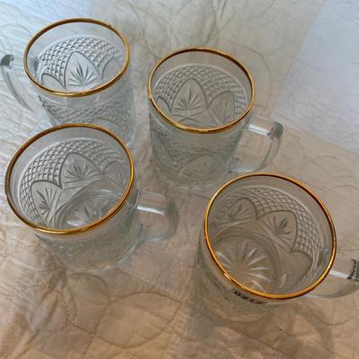 Crystal glass diamond fan cut mugs with gold trimmed ring