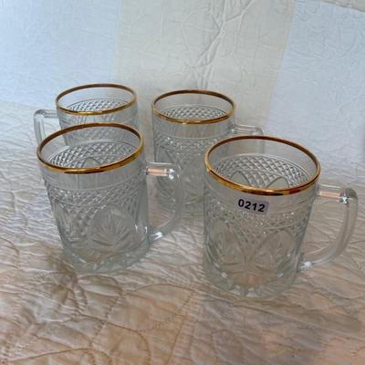 Crystal glass diamond fan cut mugs with gold trimmed ring