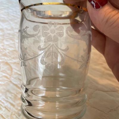 Bartlett & Collins glass pitcher with etched leaves-gold band-1950’s