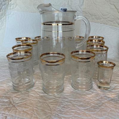 Bartlett & Collins glass pitcher with etched leaves-gold band-1950’s