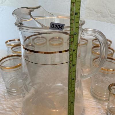 Bartlett & Collins glass pitcher with etched leaves-gold band-1950’s