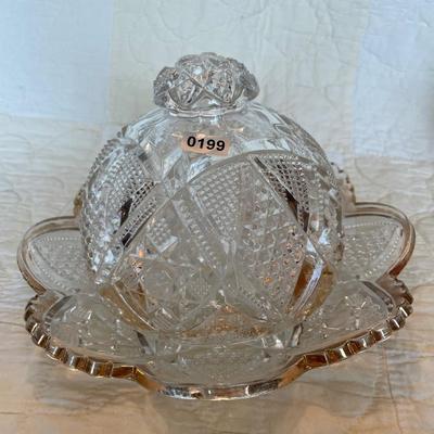 EAPG domed butter dish with gold trim