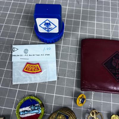 Boy Scout ITEMS; Sticker, Wallet, Pin Merit Badge. 