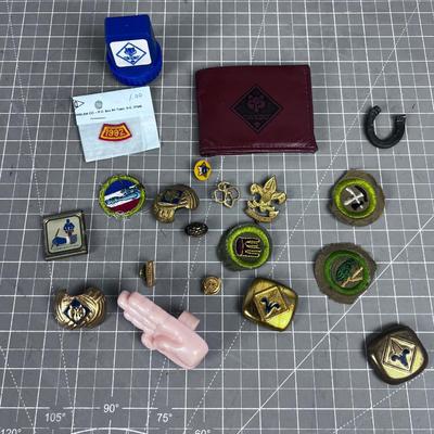 Boy Scout ITEMS; Sticker, Wallet, Pin Merit Badge. 