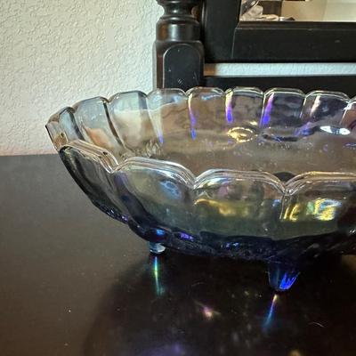 BLUE CARNIVAL GLASS FOOTED BOWL