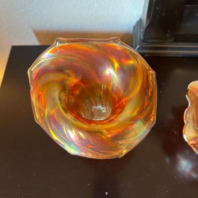 MARIGOLD JACK IN THE PULPIT VASE AND CARNIVAL GLASS FOOTED BOWL
