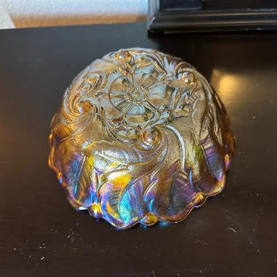 AMETHYST AND 2 AMBER CARNIVAL GLASS BOWLS