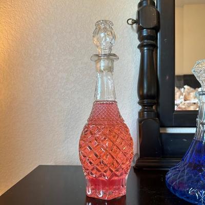 2 GLASS DECANTERS W/COLORED WATER