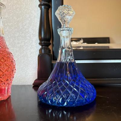 2 GLASS DECANTERS W/COLORED WATER