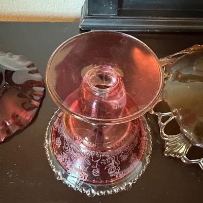 CRANBERRY CANDY DISH AND 2 AMBER BOWLS