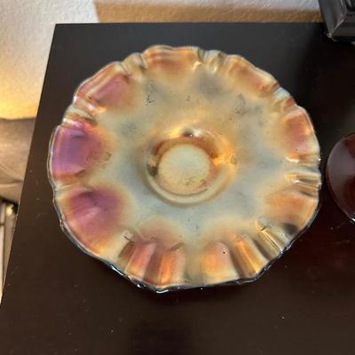 CRANBERRY CANDY DISH AND 2 AMBER BOWLS